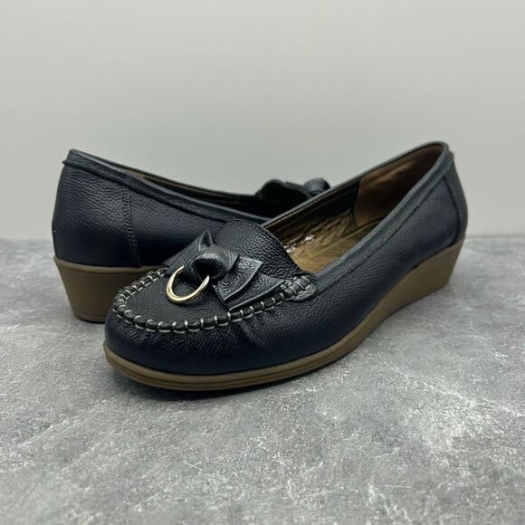 NWB Anne Klein Navy Blue Pebbled Leather Loafer Size 7.5 M Wedge Slip On - Picture 3 of 16